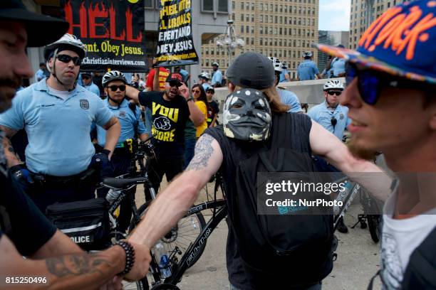 Controversial religion group led by 'Pastor Aden' holds a counter protest on the sidelines of a Anti-Trump Refuse Racism rally, in Philadelphia,...