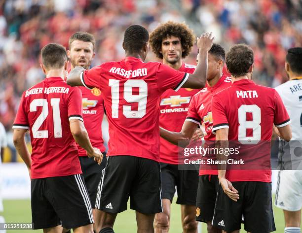 Marcus Rashford of Manchester United celebrates his goal during the Los Angeles Galaxy's friendly match against Manchester United at the StubHub...