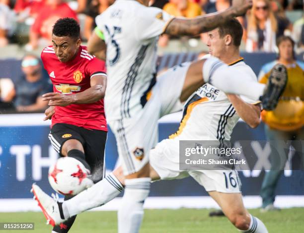 Jesse Lingard of Manchester United takes a shot during the Los Angeles Galaxy's friendly match against Manchester United at the StubHub Center on...