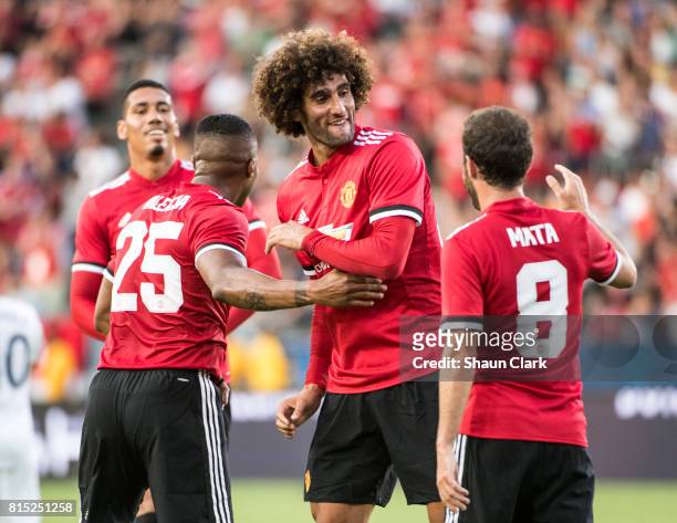 Marouane Fellaini of Manchester United celebrates his goal during the Los Angeles Galaxy's friendly match against Manchester United at the StubHub...