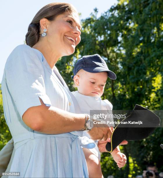 Crown Princess Victoria of Sweden and Prince Oscar is seen meeting the people gathered in front of Solliden Palace to celebrate the 40th birthday of...