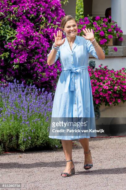 Crown Princess Victoria of Sweden is seen meeting the people gathered in front of Solliden Palace to celebrate the 40th birthday of Crown Princess...