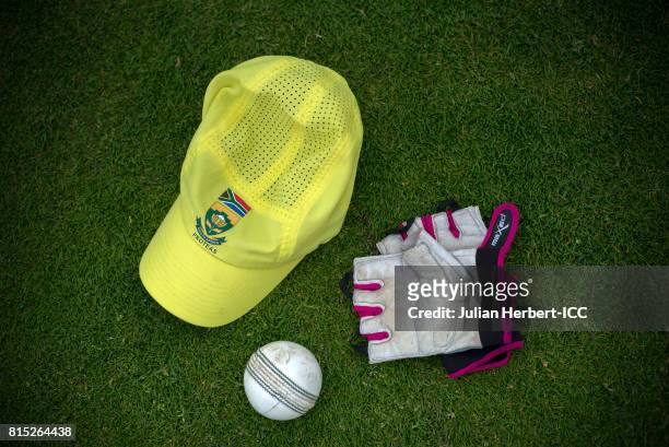 South African training kit waits to be used before The ICC Women's World Cup 2017 match between South Africa and Australia at The County Ground on...