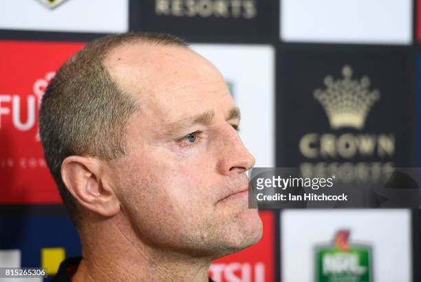 Rabbitohs coach Michael Maguire looks on at the post match media conference at the end of the round 19 NRL match between the South Sydney Rabbitohs...