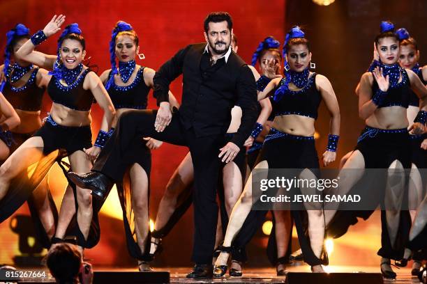 Bollywood actor Salman Khan performs on stage during 18th International Indian Film Academy Festival at the MetLife Stadium in East Rutherford, New...