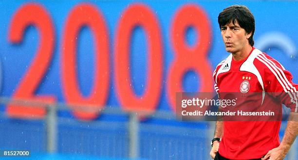 Joachim Loew, head coach of the German national team, looks on during the training session of the German national team at the Woerthersee Stadium on...