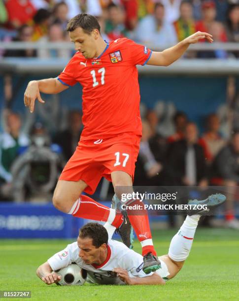 Portuguese midfielder Petit vies with Czech midfielder Marek Matejovsky during the Euro 2008 Championships Group A football match Czech Republic vs....