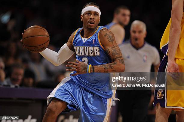 Basketball: NBA Playoffs: Denver Nuggets Allen Iverson in action vs Los Angeles Lakers. Game 2 of NBA Western Conference Semifinals. Los Angeles, CA...