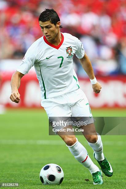 Cristiano Ronaldo of Portugal in action during the UEFA EURO 2008 Group A match between Czech Republic and Portugal at Stade de Geneve on June 11,...