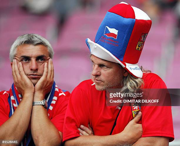 Czech supporters react after loosing 1-3 against Portugal during the Euro 2008 Championships Group A football match Czech Republic vs. Portugal on...
