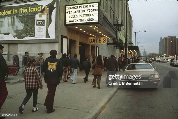 Exterior view of Chicago Stadium, home of the Chicago Blackhawks ice hockey team and the Chicago Bulls basketball team, Chicago, Illinois, early 1974.