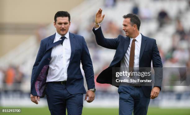 Broadcasters and former captains Graeme Smith and Michael Vaughan chat before day three of the 2nd Investec Test match between England and South...