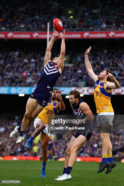 Nathan Fyfe of the Dockers marks the ball during the round 17 AFL match between the Fremantle Dockers and the West Coast Eagles at Domain Stadium on...