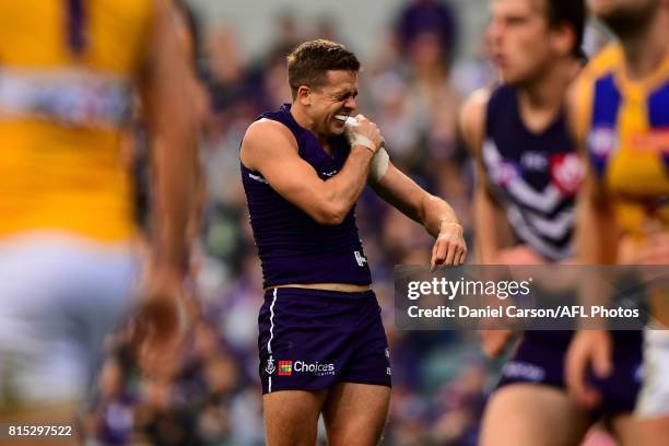 Stephen Hill of the Dockers nurses has injured shoulder during the 2017 AFL round 17 match between the Fremantle Dockers and the West Coast Eagles at...