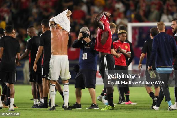 Jelle Van Damme of LA Galaxy swaps shirts with Romelu Lukaku of Manchester United during to the friendly fixture between LA Galaxy and Manchester...