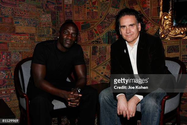 Recording artist Akon and musician, composer, and producer Peter Buffett attend a press conference announcing their new musical and charity...