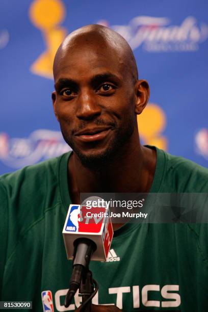 Kevin Garnett of the Boston Celtics answers questions from the press during Media Availability prior to Game Four of the 2008 NBA Finals against the...