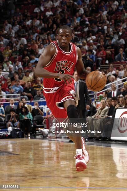 Luol Deng of the Chicago Bulls moves the ball up court during the game against the Orlando Magic at Amway Arena on April 9, 2008 in Orlando, Florida....