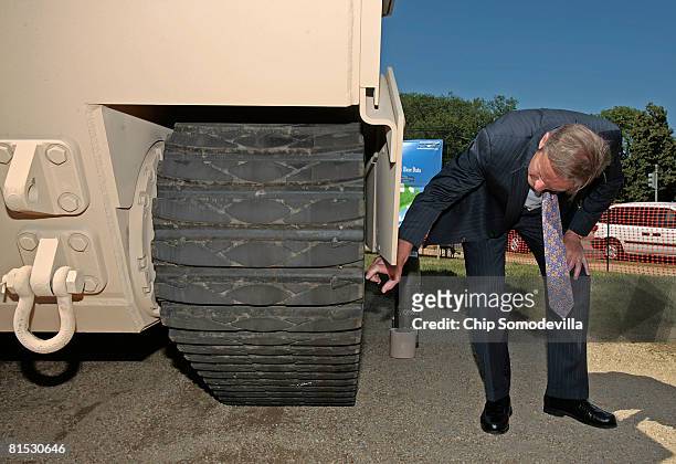Rep. Todd Akin takes a closer look at the new XM1203 Non-Line-of-Sight Cannon on the National Mall June 11, 2008 in Washington, DC. The new cannon is...