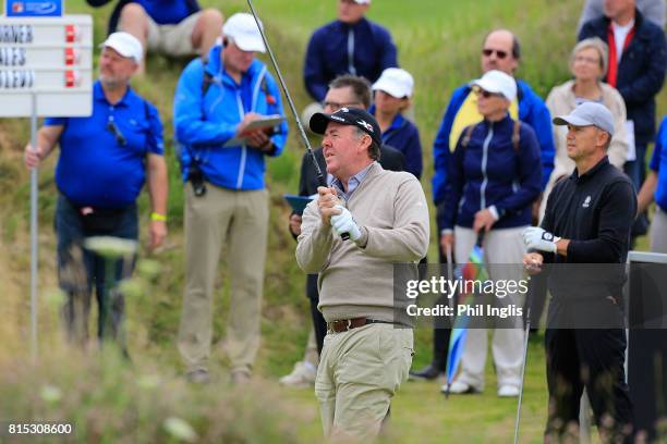 Greg Turner of New Zealand in action during the final round of the WINSTONgolf Senior Open played on the WINSTONLinks course on July 16, 2017 in...