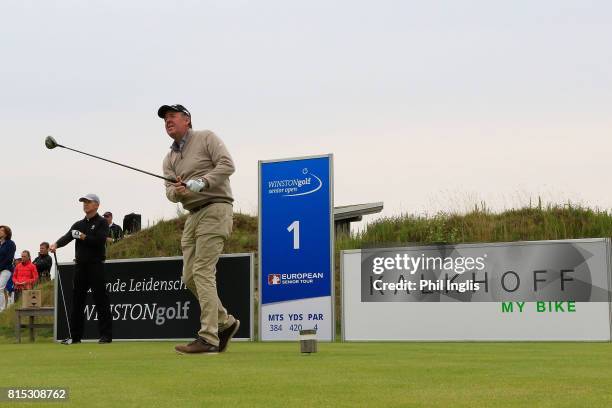 Greg Turner of New Zealand in action during the final round of the WINSTONgolf Senior Open played on the WINSTONLinks course on July 16, 2017 in...