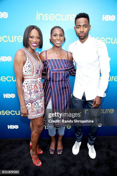 Actors Yvonne Orji, executive producer and star Issa Rae and Jay Ellis attend a block party celebrating HBO's new season of "Insecure" on July 15,...