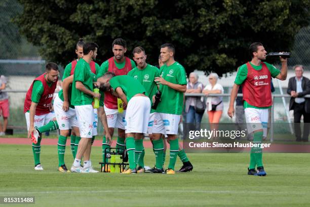 Players from FC Southampton warm-up before the pre-season friendly between FC Southampton and St. Gallen at Sportanlage Kellen on July 15, 2017 in...
