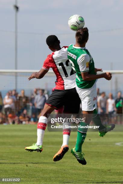 Nathan Tella from FC Southampton and Alain Wiss from St. Gallen in action during the pre-season friendly match between FC Southampton and St. Gallen...