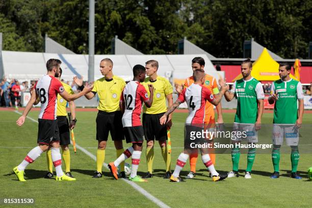 Southampton and St. Gallen shake hands before the pre-season friendly match between FC Southampton and St. Gallen at Sportanlage Kellen on July 15,...