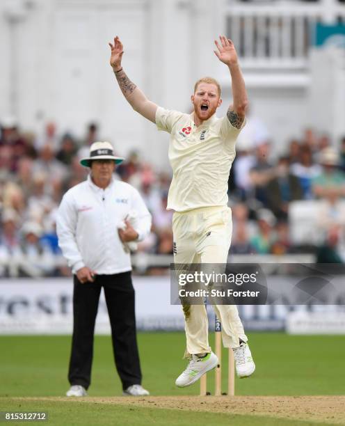 England bowler Ben Stokes reacts after a chance goes down during day three of the 2nd Investec Test match between England and South Africa at Trent...