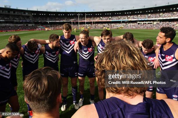 Nat Fyfe of the Dockers speaks to the huddle at the start of the game during the round 17 AFL match between the Fremantle Dockers and the West Coast...