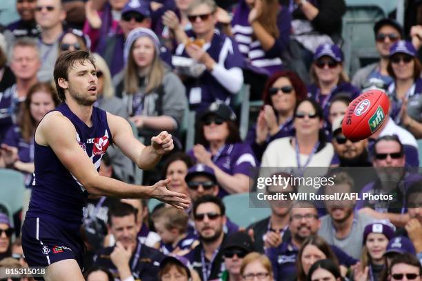 Joel Hamling of the Dockers handpasses the ball during the round 17 AFL match between the Fremantle Dockers and the West Coast Eagles at Domain...