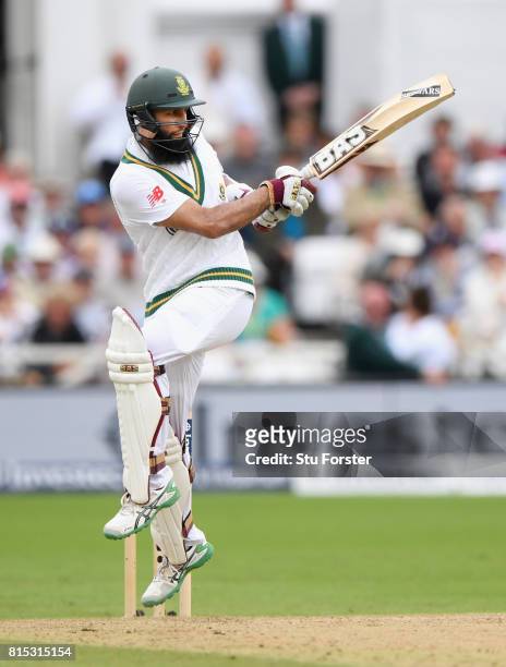 South Africa batsman Hashim Amla hits out during day three of the 2nd Investec Test match between England and South Africa at Trent Bridge on July...