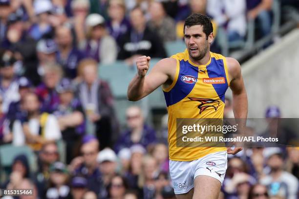 Jack Darling of the Eagles celebrates after scoring a goal during the round 17 AFL match between the Fremantle Dockers and the West Coast Eagles at...