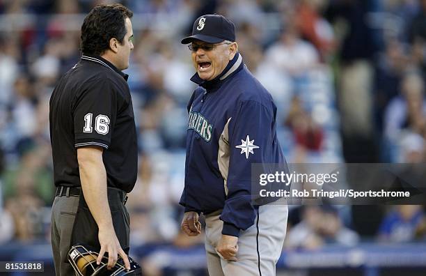 John McLaren of the Seattle Mariners argues with home plate umpire Mike DiMuro at Yankee Stadium on May 23, 2008 in the Bronx, New York. The Yankees...