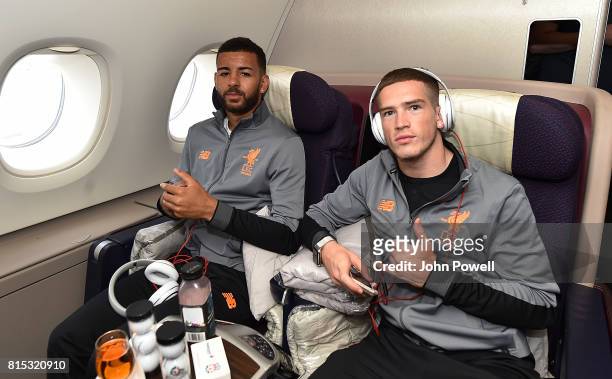 Kevin Stewart and Ryan Kent of Liverpool on the plane before pre season tour at Manchester Airport on July 16, 2017 in Liverpool, England.