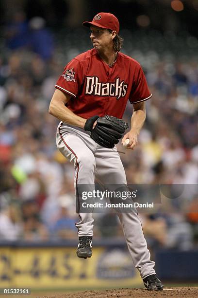 Randy Johnson of the Arizona Diamondbacks delivers a pitch against the Milwaukee Brewers on June 3, 2008 at Miller Park in Milwaukee, Wisconsin. The...