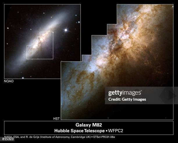 An image from the NASA Hubble Space Telescope released March 7, 2001 shows the heart of the prototypical starburst galaxy M82. The ongoing violent...