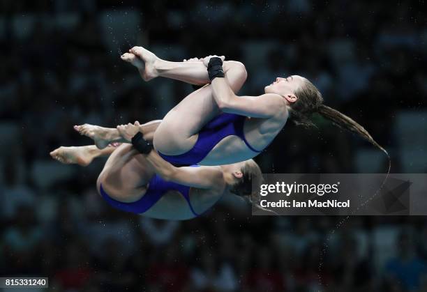 Tonia Couch and Lois Toulson of Great Britain compete in the preliminary round of the Women's 10m Synchro Platform during day three of the 2017 FINA...