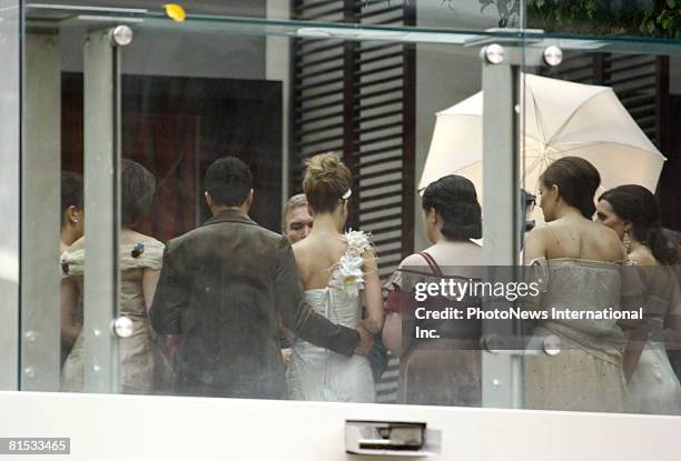 Singer Guy Sebastian and bride Jules Egan are seen posing for their official wedding photos at the Zeta Bar in the Hilton Hotel on May 17, 2008 in...