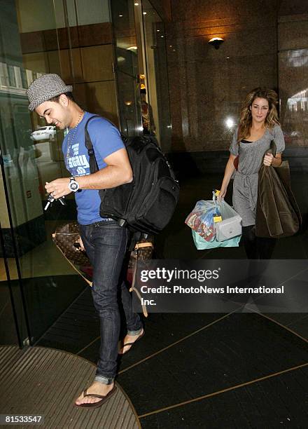 Singer Guy Sebastian and wife Jules Egan are seen at the Hilton Hotel on May 18, 2008 in Sydney, Australia. The pair later returned from their...