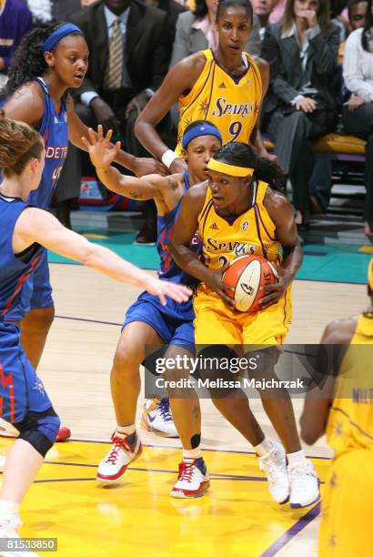 Marie Ferdinand-Harris takes the ball into the key against the Detroit Shock at Staples Center on June 11, 2008 in Los Angeles, California. NOTE TO...