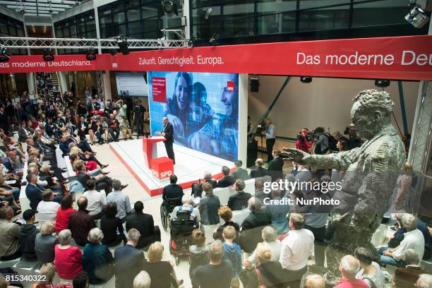 Chancellor Candidate and Chairman of the Social Democratic Party Martin Schulz speaks during the event 'Zukunft. Gerechtigkeit. Europa' at the SPD...