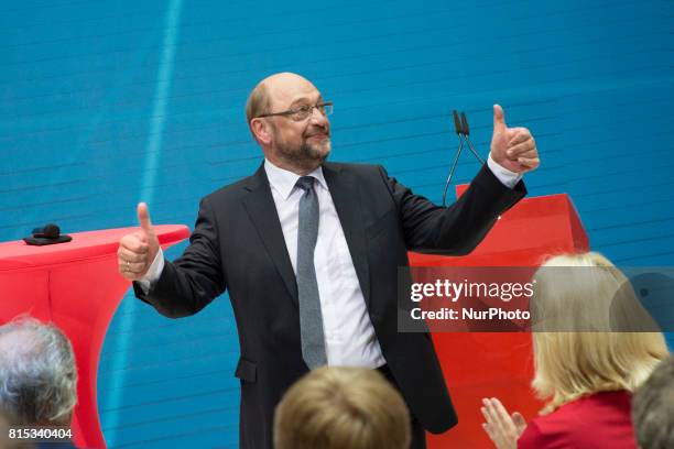 Chancellor Candidate and Chairman of the Social Democratic Party Martin Schulz is pictured after speaking at the event 'Zukunft. Gerechtigkeit....