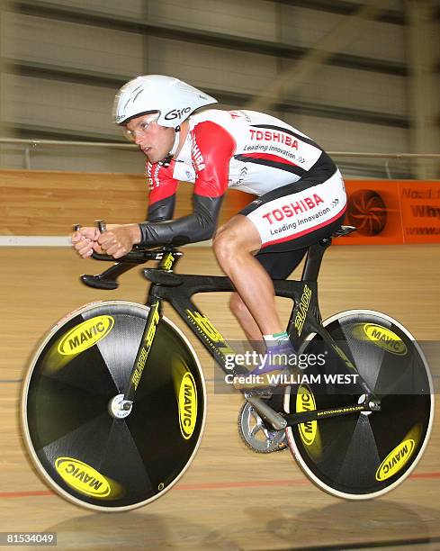 Australia's 2006 World Cup champion team pursuit rider Mark Jamieson tests the new 'BT Blade' bicycle at its launch and which will be ridden by...