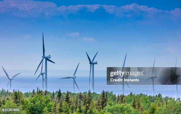 在 la gaspésie 地區，位於加拿大魁北克省聖羅倫斯河附近的風力渦輪機的視圖。 - québec 個照片及圖片檔