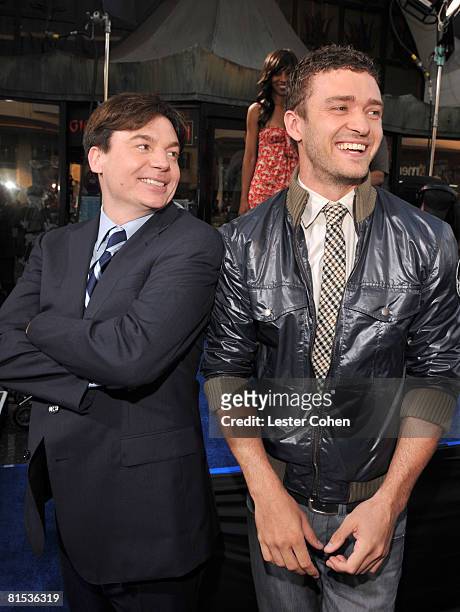 Actors Mike Myers and Justin Timberlake arrives at the Los Angeles Premiere of "The Love Guru" at Grauman's Chinese Theatre on June 11, 2008 in...