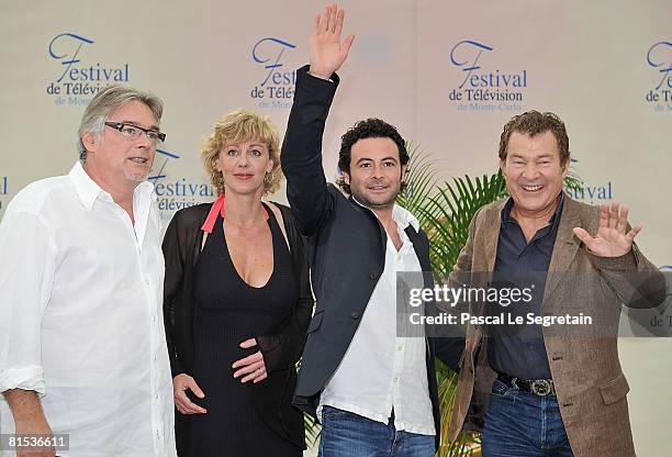 Actors Christian Rauth, Cecile Auclert, Sebastien Knafo and Martin Lamotte attend a photocall promoting the television series "Pere & Maire" on the...