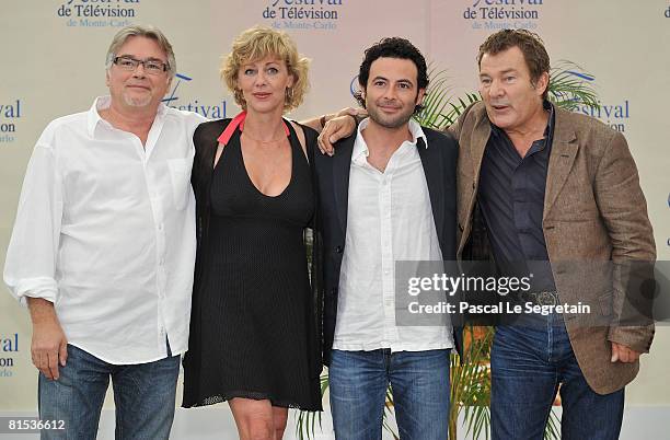 Actors Christian Rauth, Cecile Auclert, Sebastien Knafo and Martin Lamotte attend a photocall promoting the television series "Pere & Maire" on the...