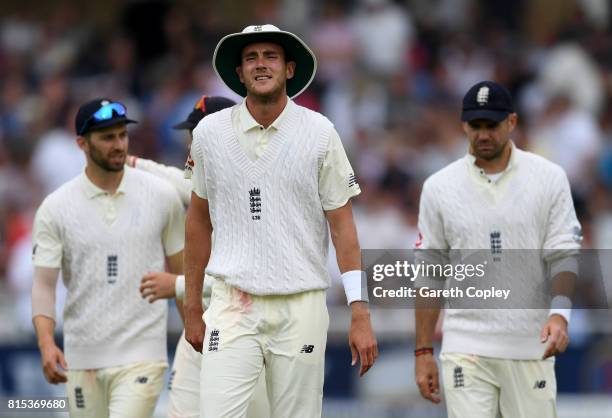 Stuart Broad of England reacts during day three of the 2nd Investec Test match between England and South Africa at Trent Bridge on July 16, 2017 in...